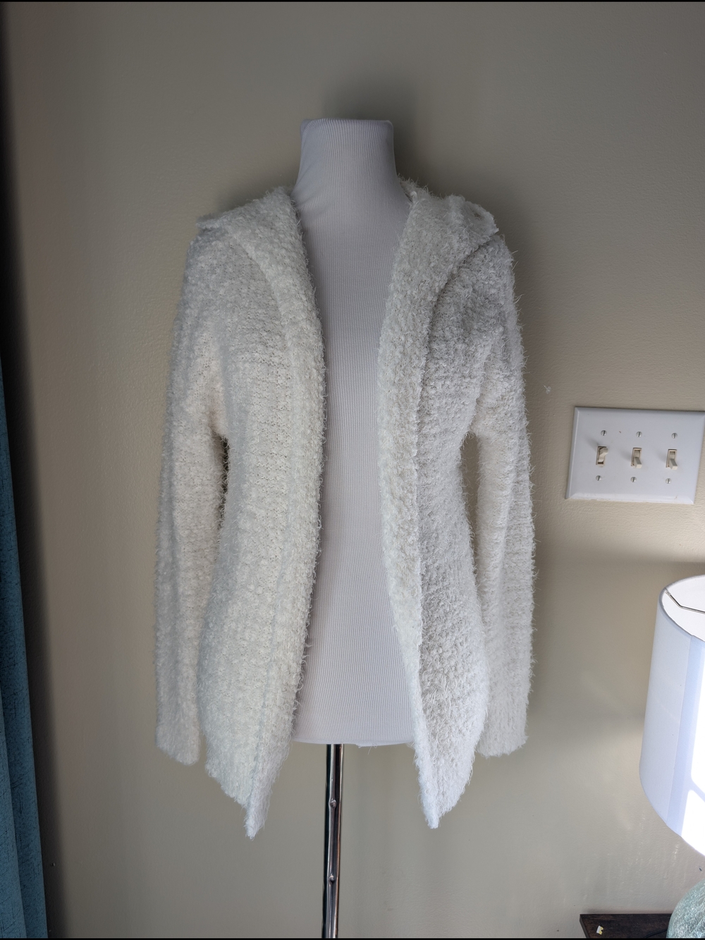 Mudd White Fuzzy Open-Front Hooded Cardigan